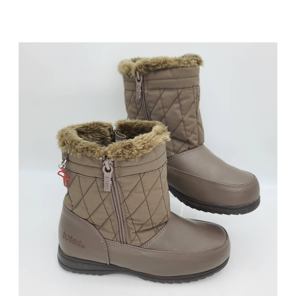 Totes Women's 7M Tan Ankle Boots Fur Lined Dual Zipper Quilted Leather Rain/Snow